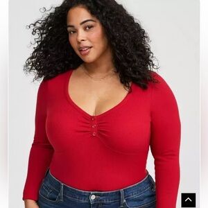 Torrid Thermal V Neck Long Sleeve Cinched Henley in Red NEW W2211 Plus Size 3X